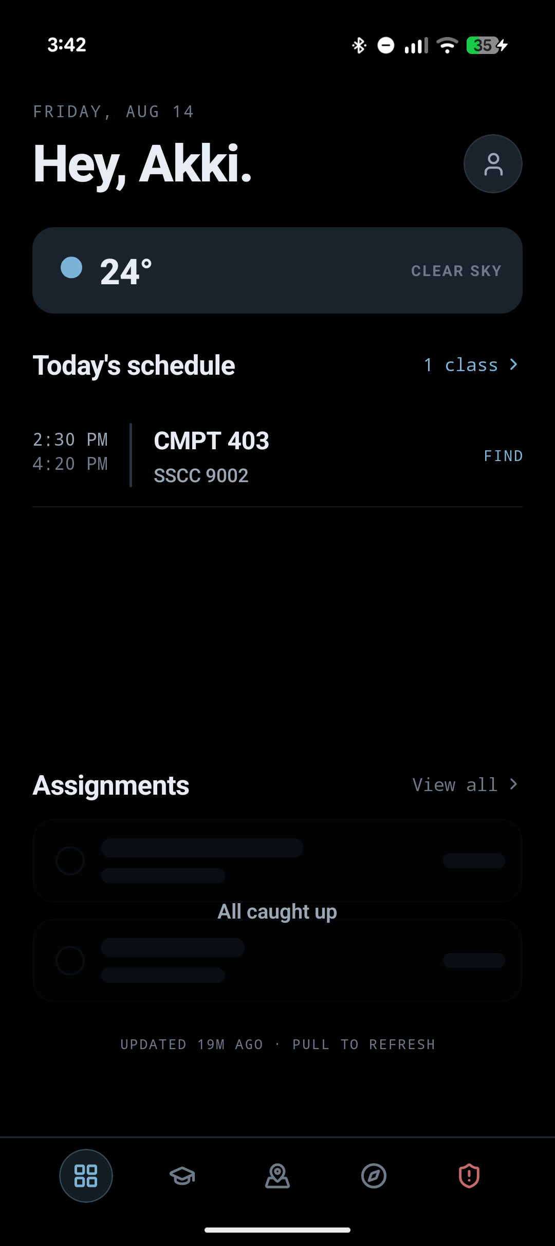 SFU Companion home screen with weather, today's schedule and assignments