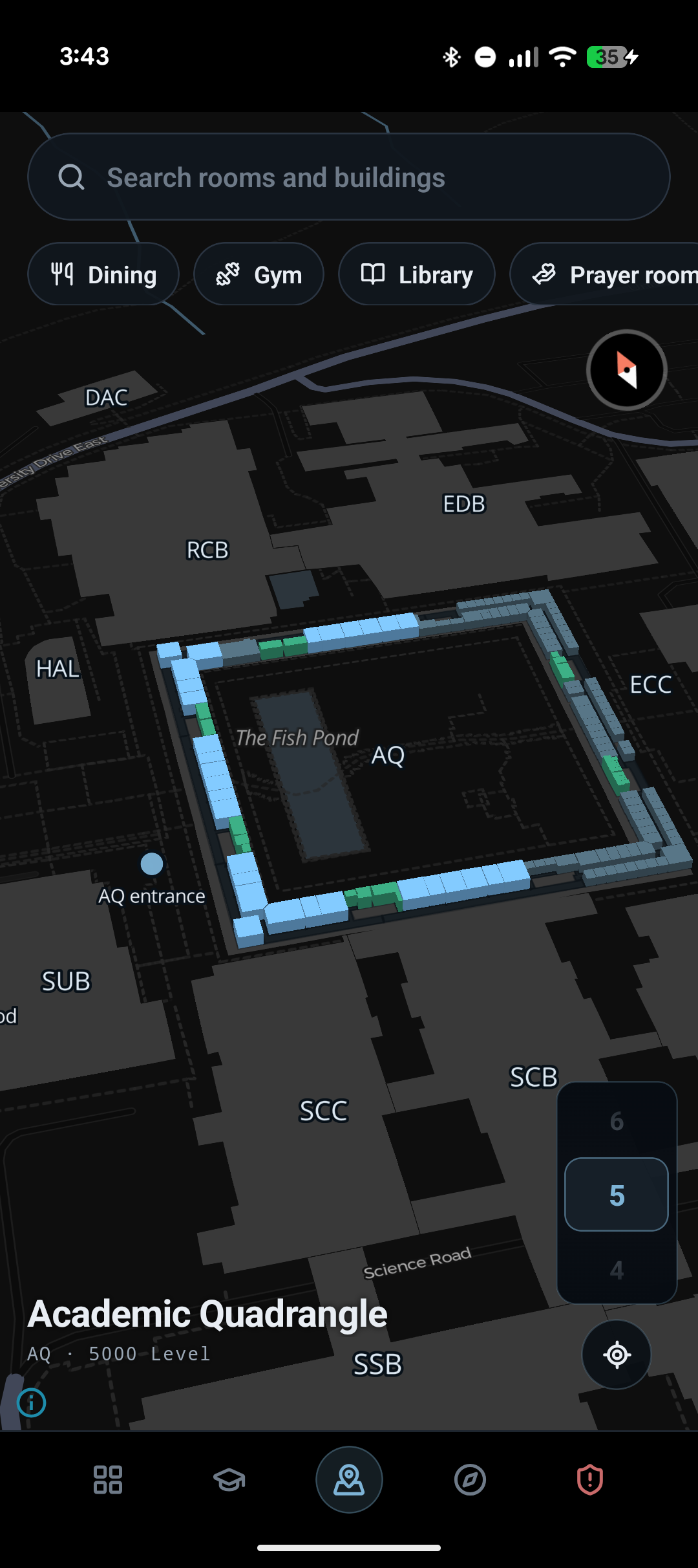 Campus map showing the Academic Quadrangle with a floor selector